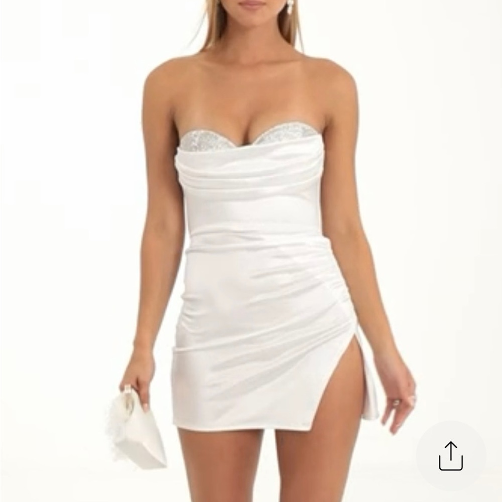 (lucy in the sky) aurelia rhinestone bust satin dress in white